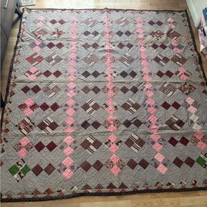 1930s Antique Patchwork Quilt with Pink and Brown Accents *some staining 88x81